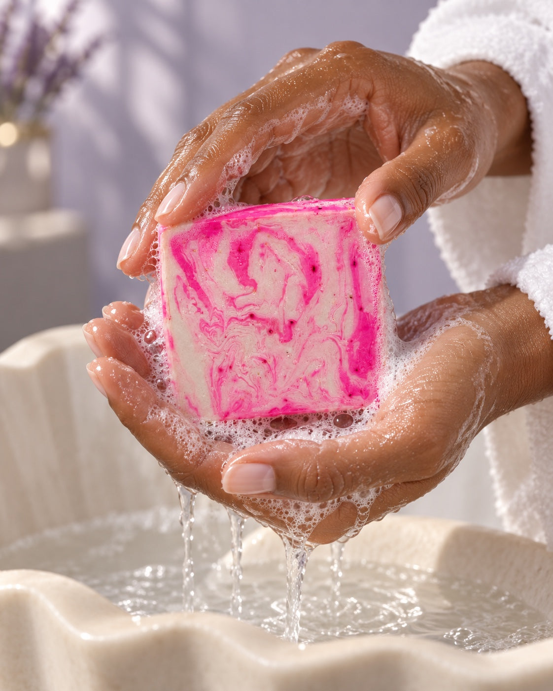 Lavender Green Tea: Soap being lathered in wet hands
