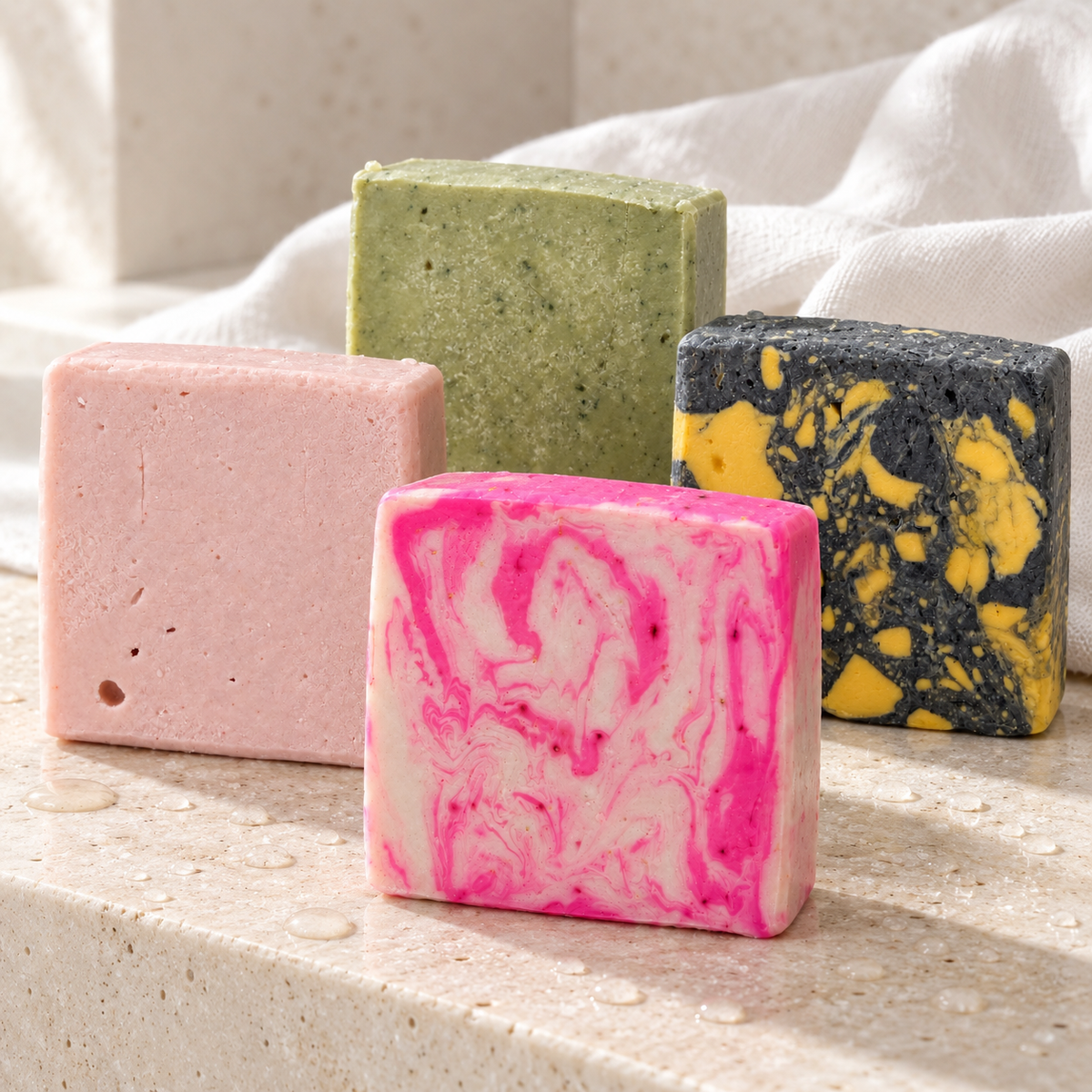 The four-soap discovery set on an ivory bathroom ledge