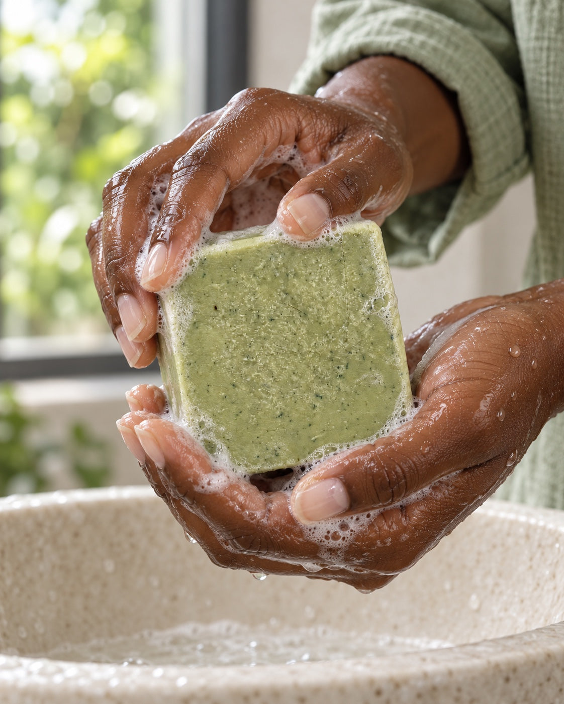 Evergreen Forest: Soap being lathered in wet hands