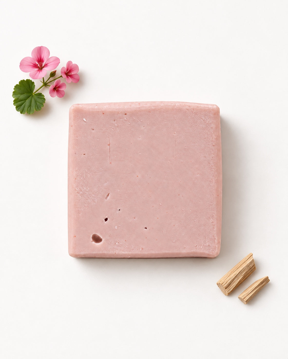 Geranium Sandalwood handcrafted soap with geranium flowers and sandalwood