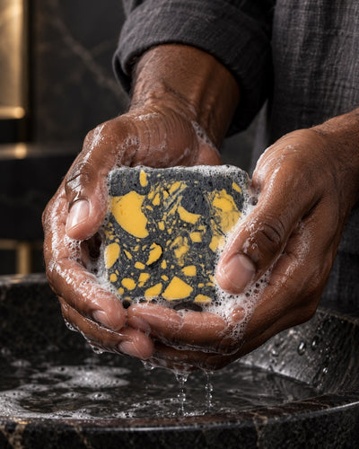 Natural Oudh: Soap being lathered in wet hands